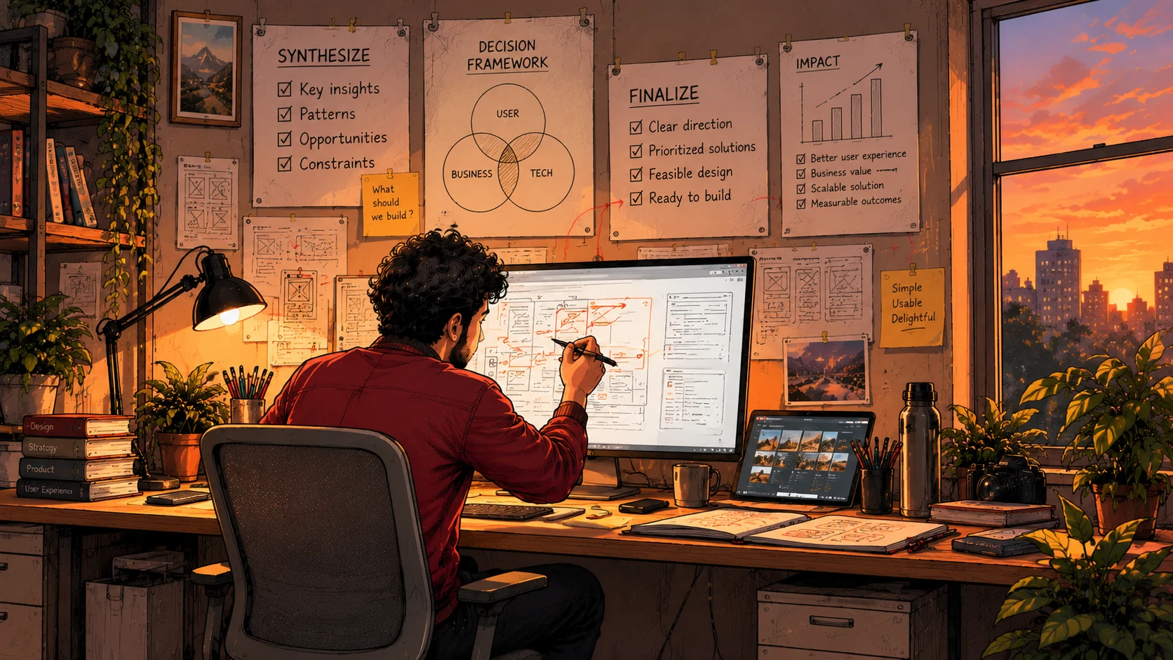 Illustration: Jai at his desk, the wall behind him pinned with synthesize, decision framework, finalize notes