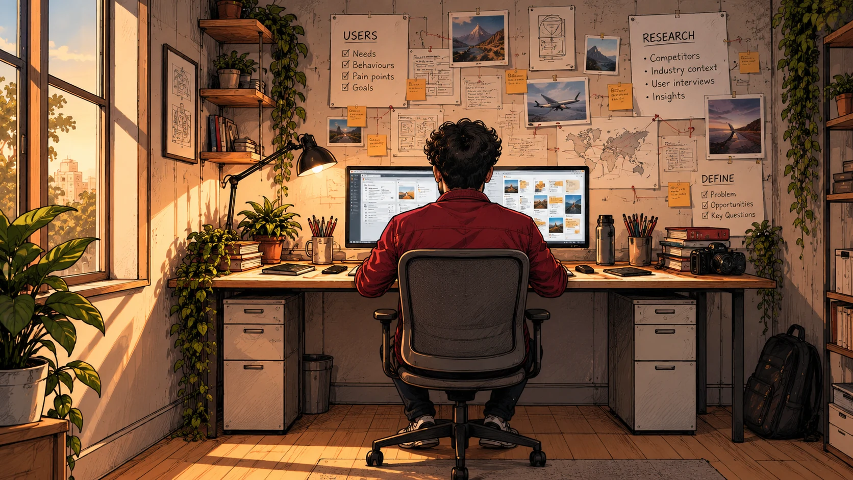 Illustration: Jai at his desk, the wall behind him pinned with users, research, define notes