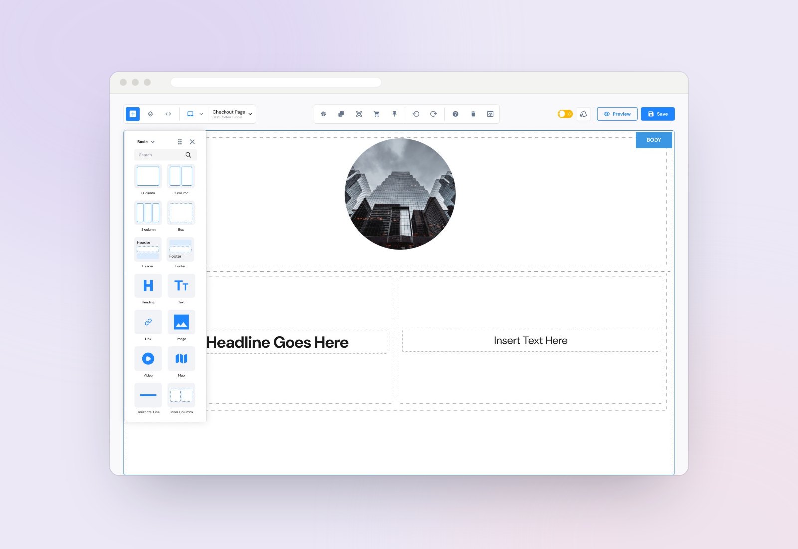 Konnektive page builder with a heading being placed