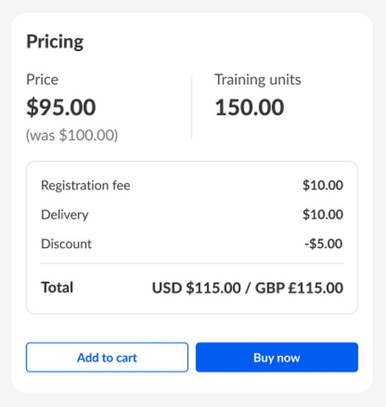 After: light Pricing card with price, training units, breakdown and checkout-style buttons